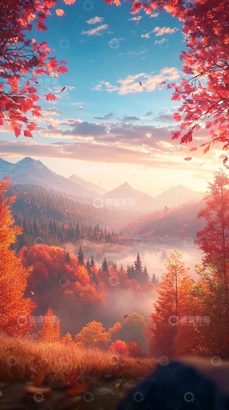 高清大图下载【趣麦麦图】秋日红叶山峦景色