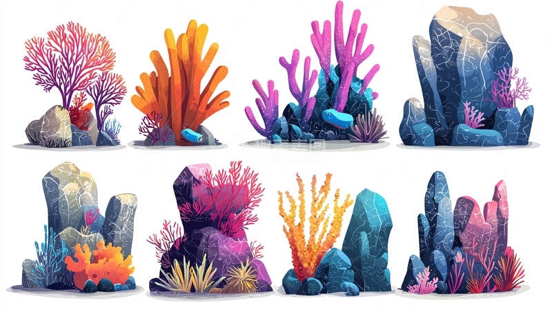 高清大图下载【趣麦麦图】珊瑚礁和岩石的卡通插画