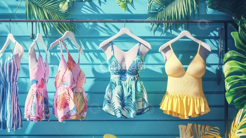 高清大图下载【趣麦麦图】泳衣挂在蓝色背景墙上