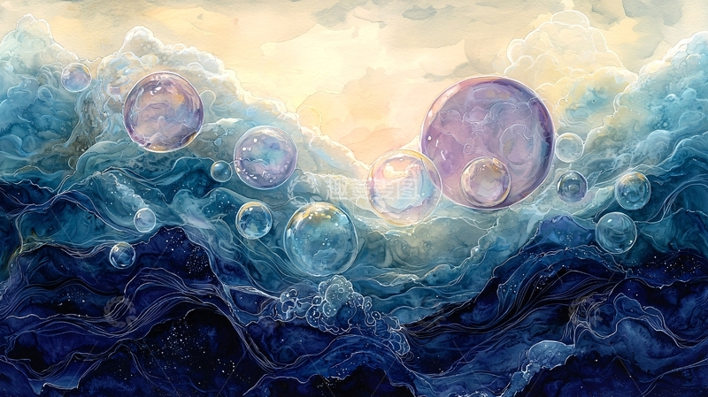 高清大图下载【趣麦麦图】水彩气泡漂浮在水面上