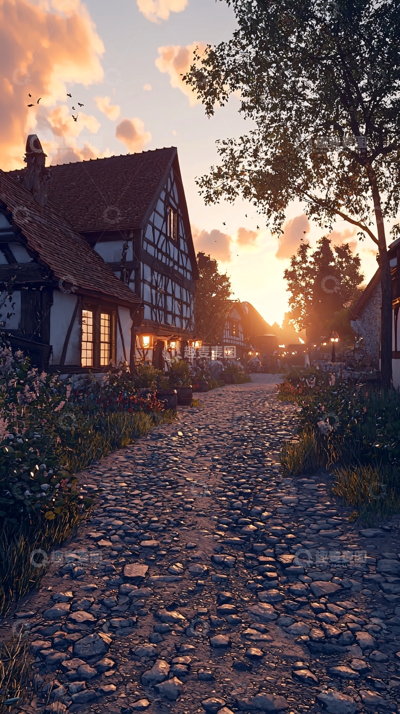高清大图下载【趣麦麦图】夕阳下的中世纪小镇石子路
