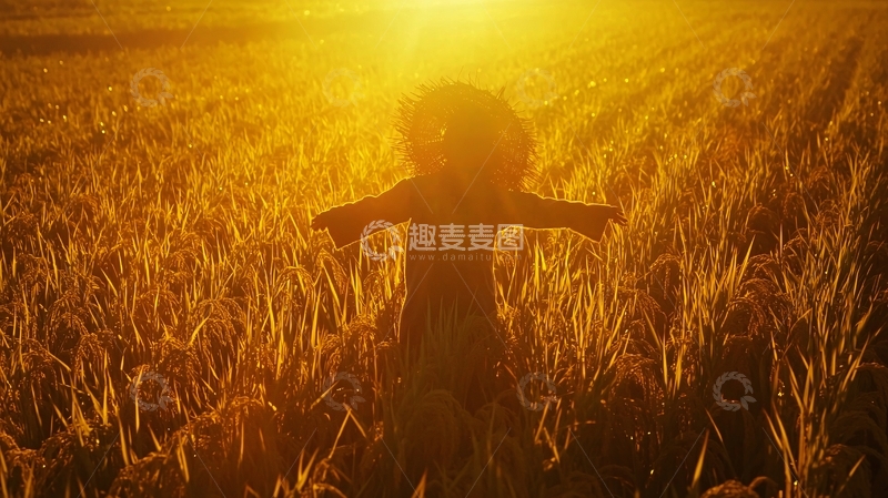 高清大图下载【趣麦麦图】金色麦田稻田夕阳稻草人