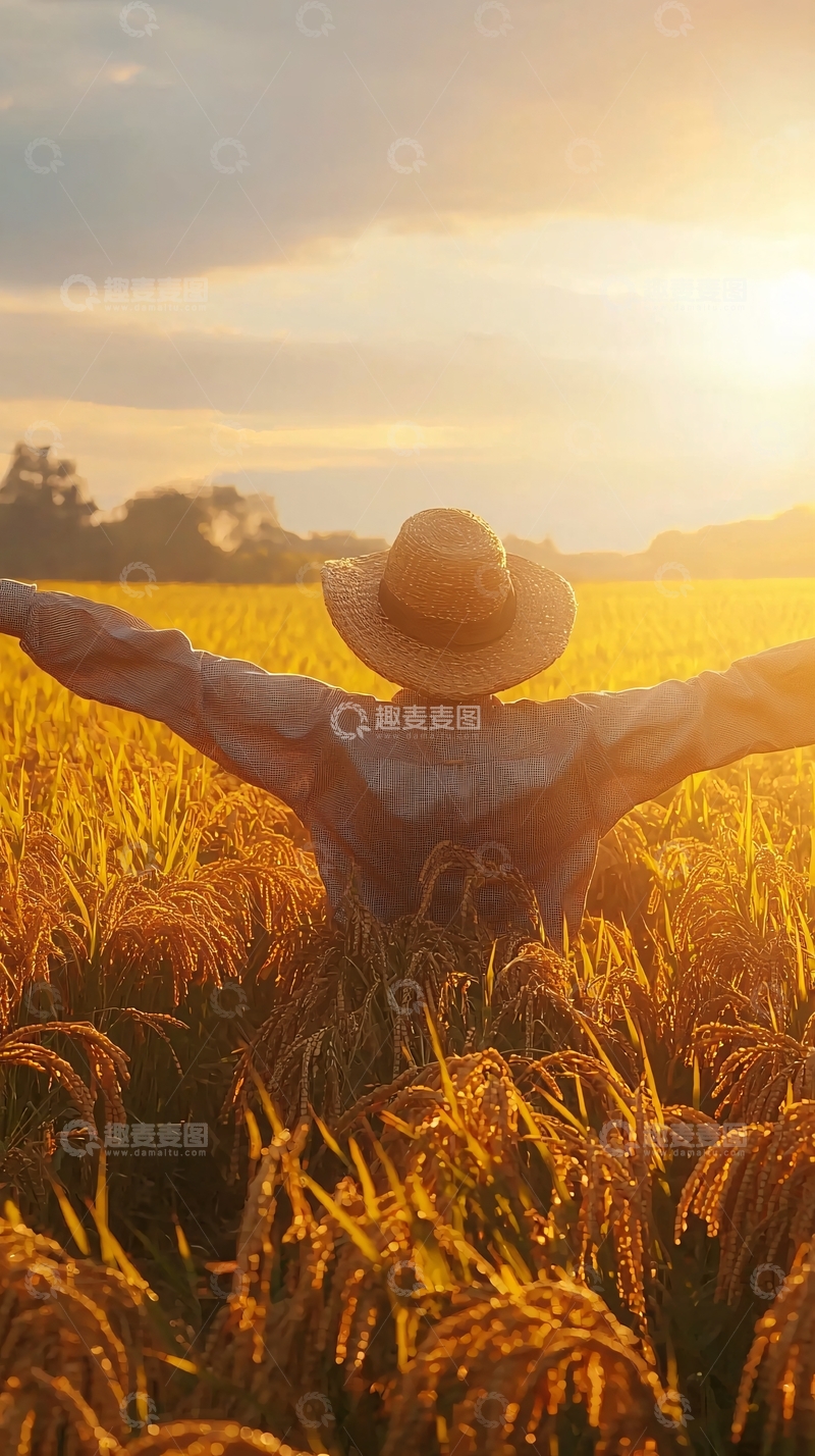 高清大图下载【趣麦麦图】夕阳下稻田里的人