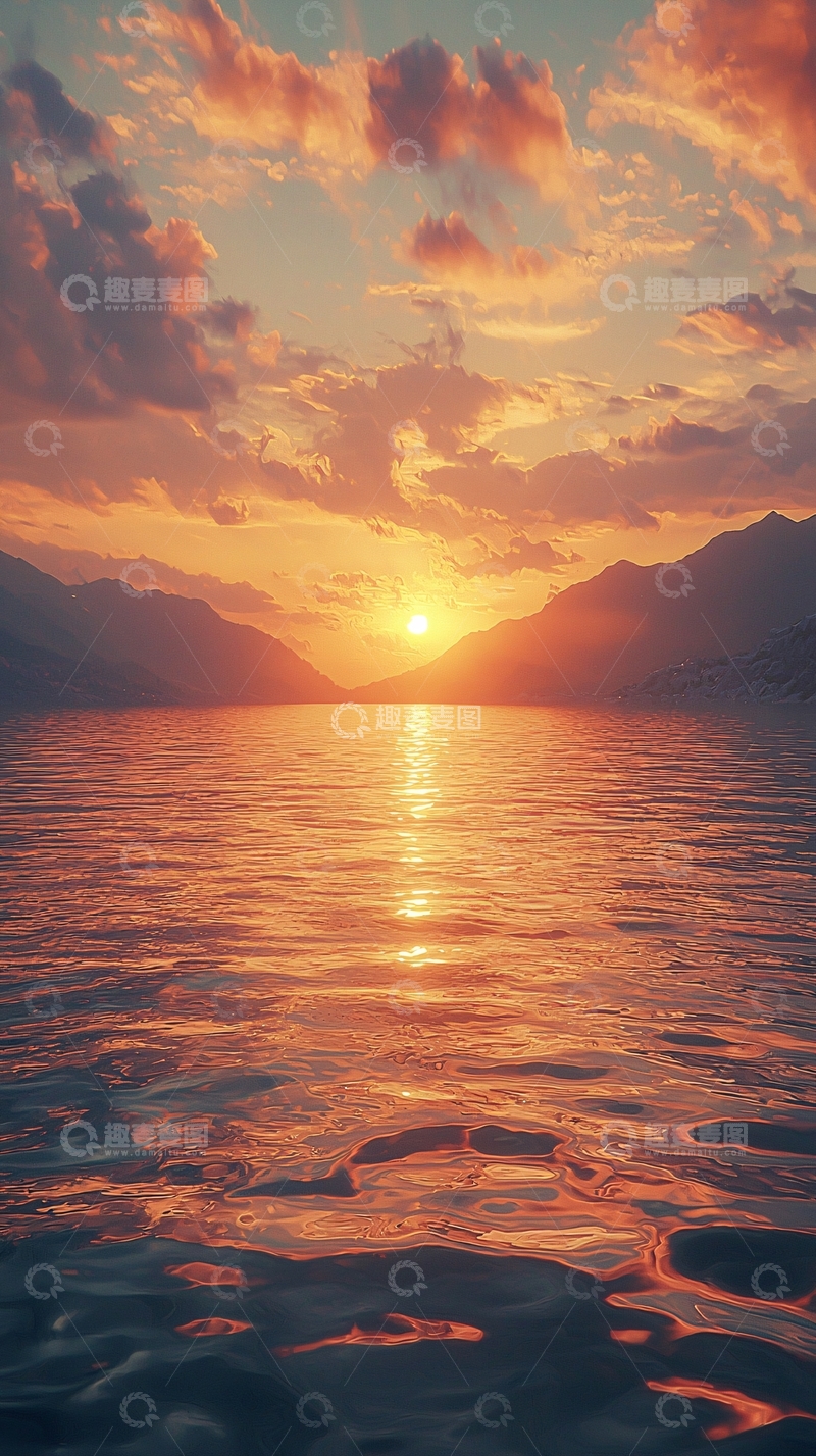 高清大图下载【趣麦麦图】湖面日落山景如画