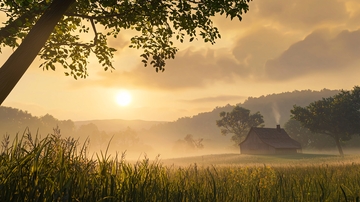 清晨薄雾田园小屋