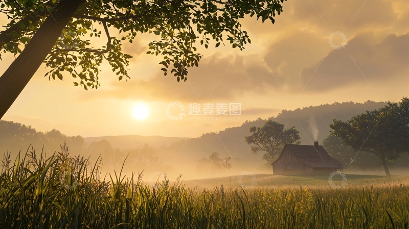 高清大图下载【趣麦麦图】清晨薄雾田园小屋