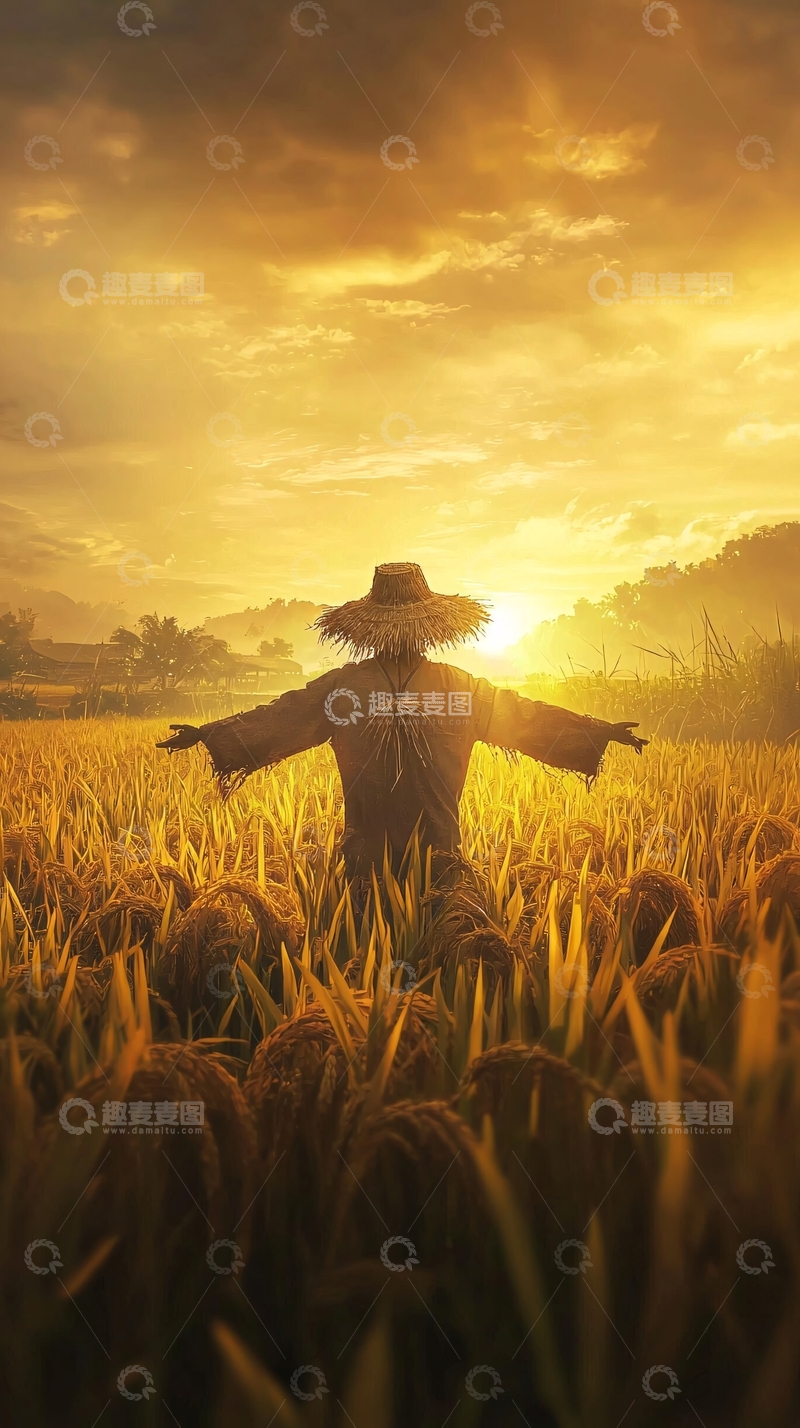 高清大图下载【趣麦麦图】稻田里日落下的稻草人