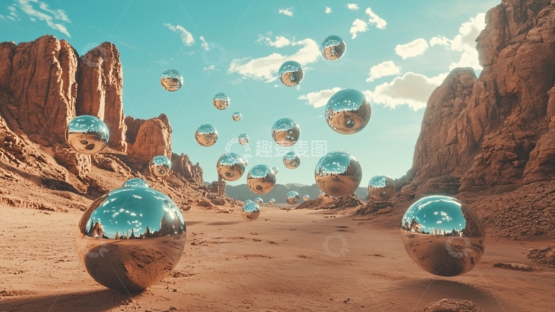 高清大图下载【趣麦麦图】超现实主义沙漠峡谷金属球