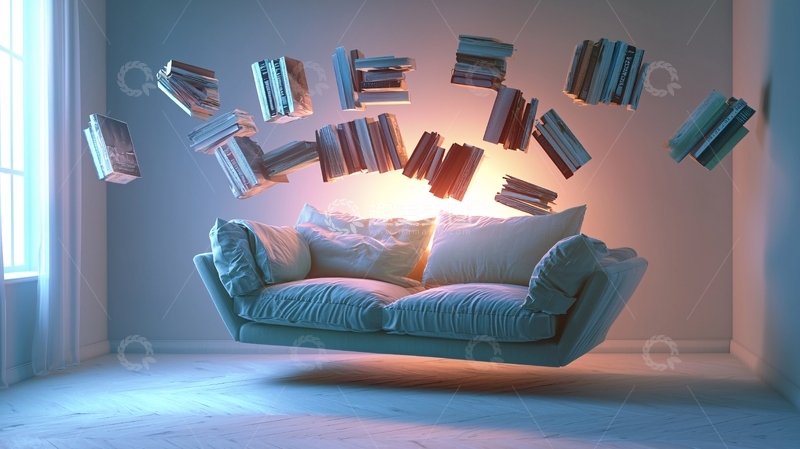 高清大图下载【趣麦麦图】漂浮的沙发和飞舞的书
