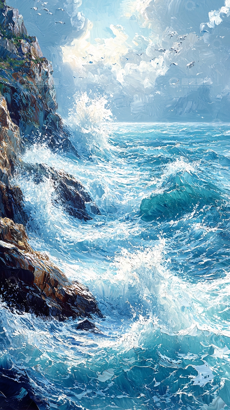 高清大图下载【趣麦麦图】海浪拍打岩石峭壁