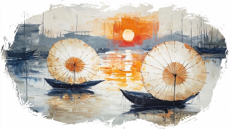 高清大图下载【趣麦麦图】水墨风帆船日落