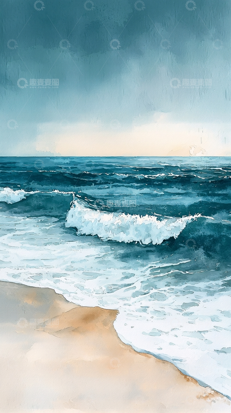 高清大图下载【趣麦麦图】水彩风格的海岸线风景