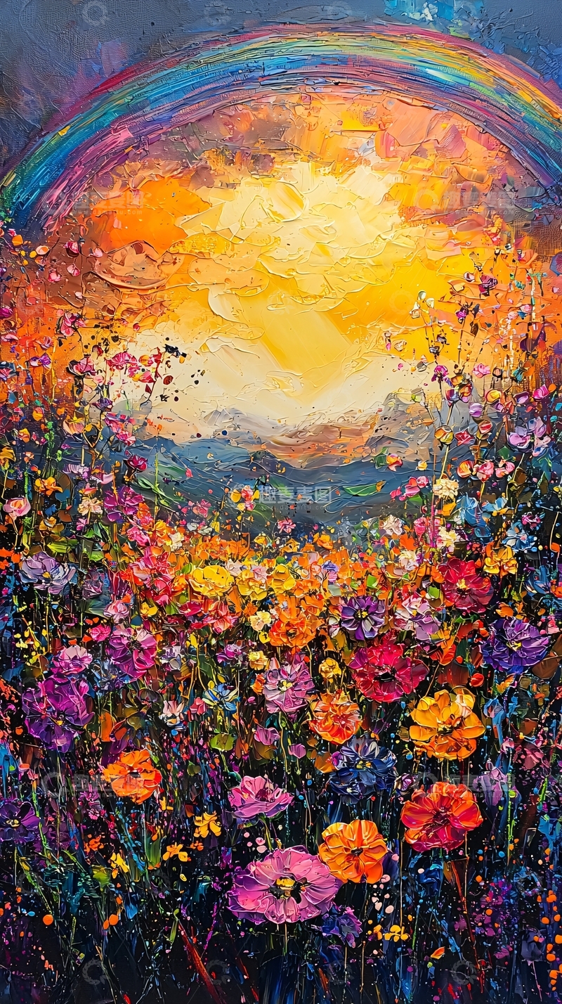 高清大图下载【趣麦麦图】油画风格的花田与彩虹