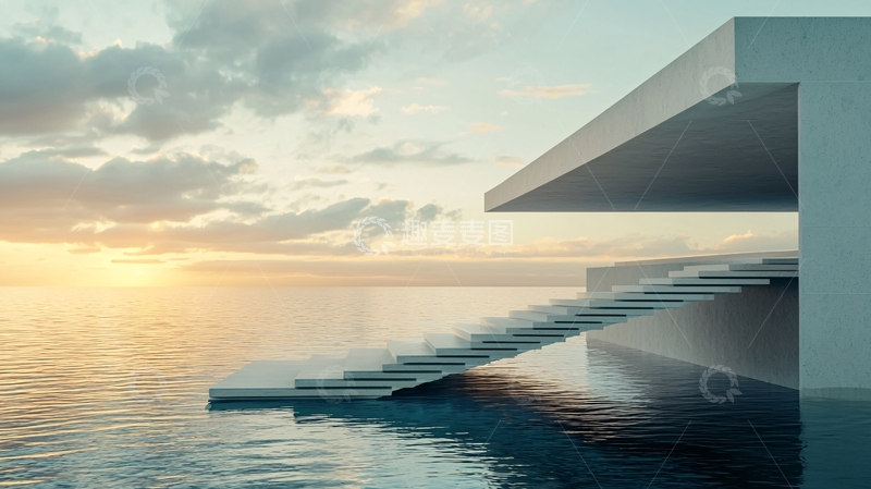 高清大图下载【趣麦麦图】极简主义海边悬浮阶梯建筑