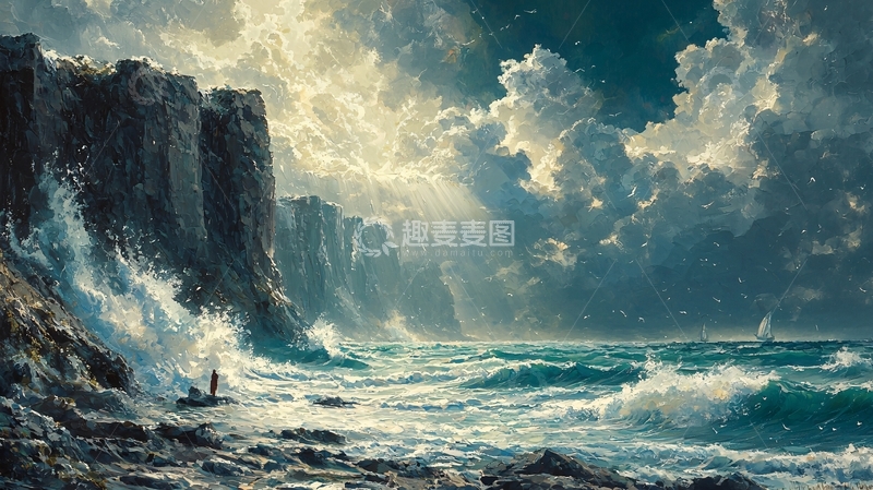 高清大图下载【趣麦麦图】海边悬崖波涛汹涌的画面