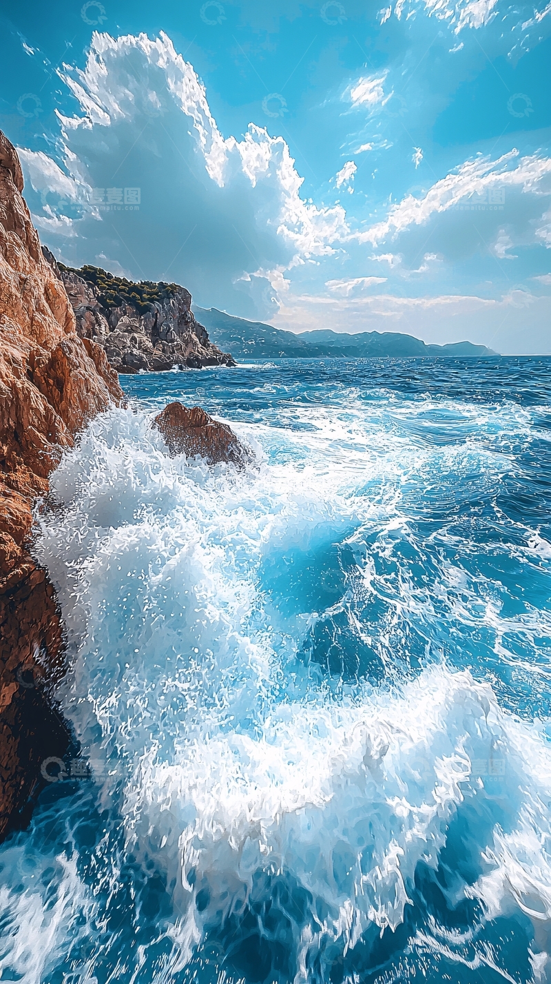高清大图下载【趣麦麦图】波涛汹涌的海浪拍打岩石