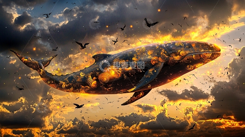 高清大图下载【趣麦麦图】燃烧的鲸鱼飞翔天空