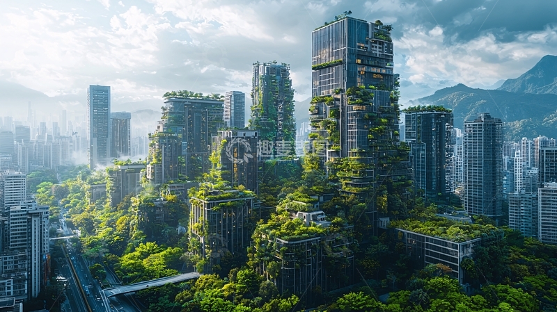 高清大图下载【趣麦麦图】绿色植物覆盖的城市建筑