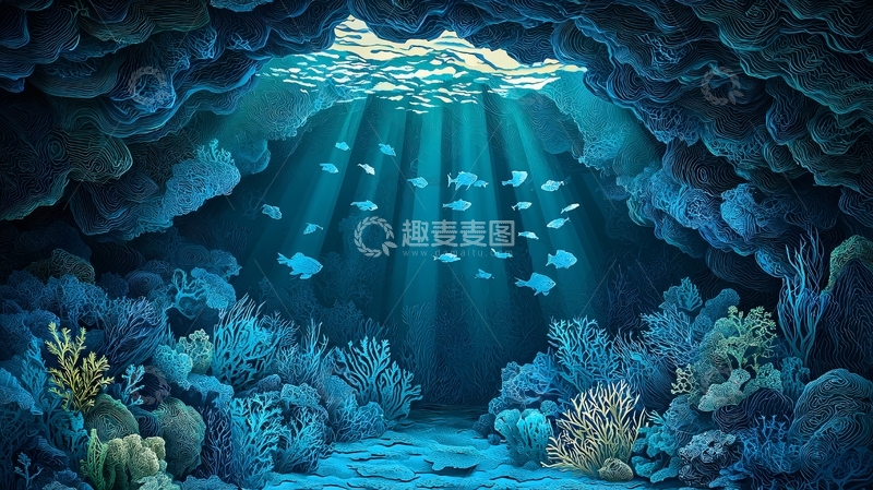 高清大图下载【趣麦麦图】海底洞穴光线鱼群
