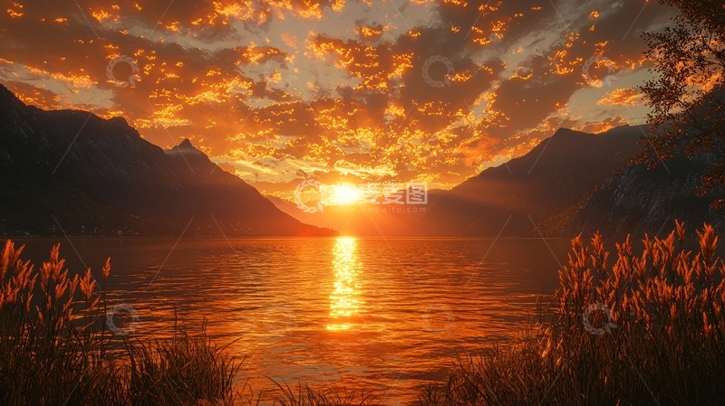 高清大图下载【趣麦麦图】燃烧的落日湖光山色