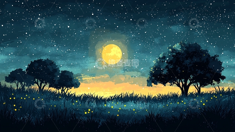 高清大图下载【趣麦麦图】月夜星空下的树木和田野