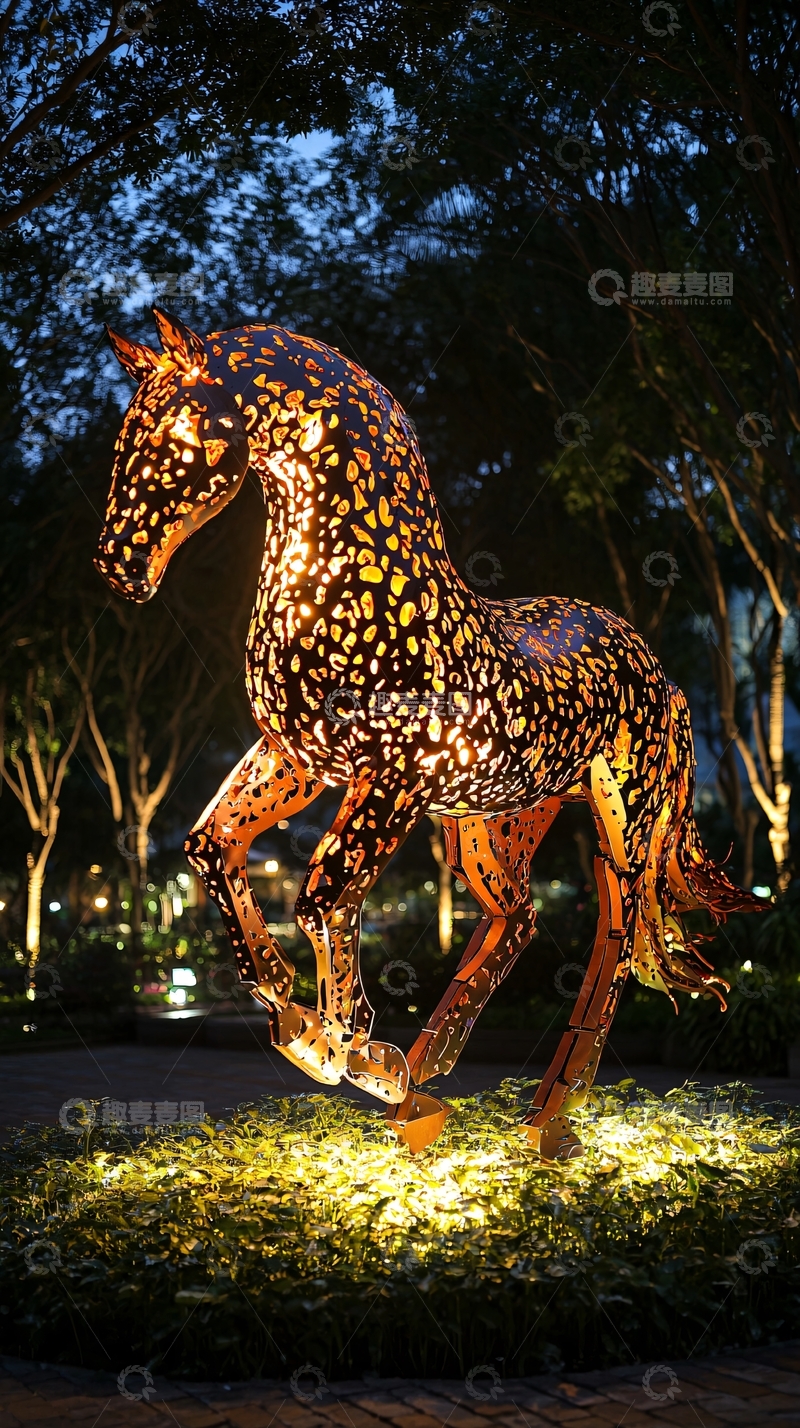 高清大图下载【趣麦麦图】夜间发光的金属马雕塑