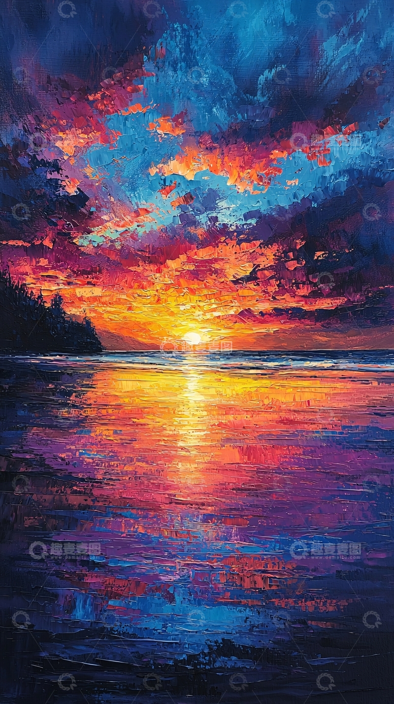 高清大图下载【趣麦麦图】海边日落油画质感风景