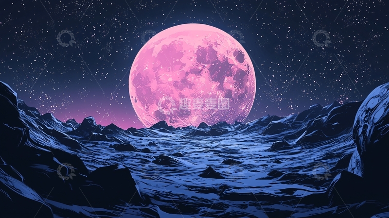 高清大图下载【趣麦麦图】粉色月亮下的奇幻山地