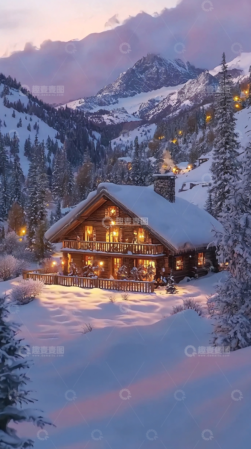 高清大图下载【趣麦麦图】雪山木屋夜景