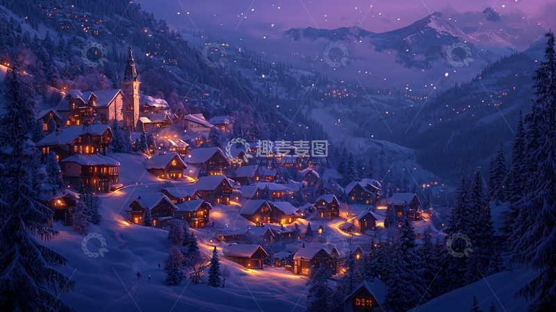 高清大图下载【趣麦麦图】雪山小镇夜景