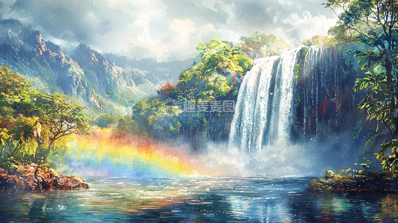 高清大图下载【趣麦麦图】壮丽瀑布彩虹下的自然美景