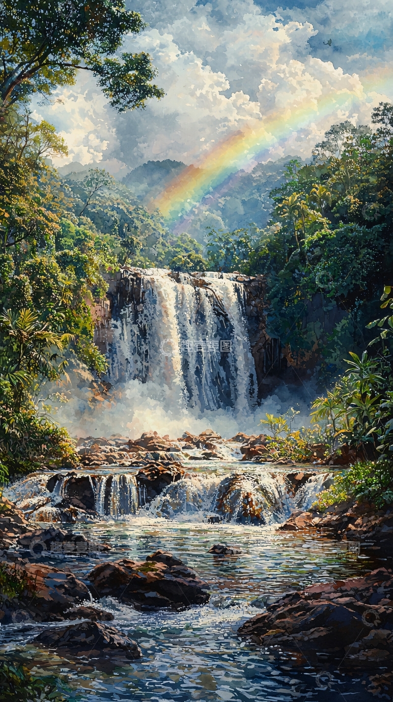 高清大图下载【趣麦麦图】壮丽瀑布彩虹森林景观