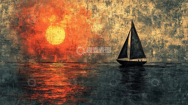 高清大图下载【趣麦麦图】海上日落帆船