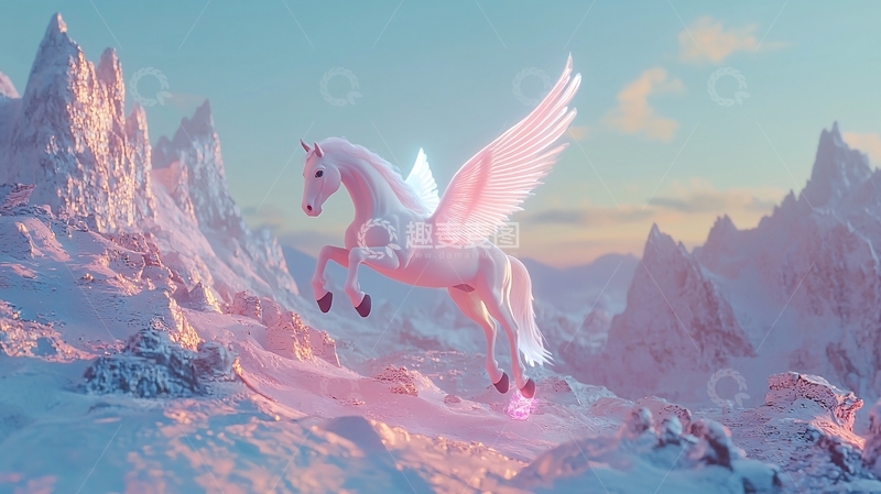 高清大图下载【趣麦麦图】粉白独角兽飞跃雪山