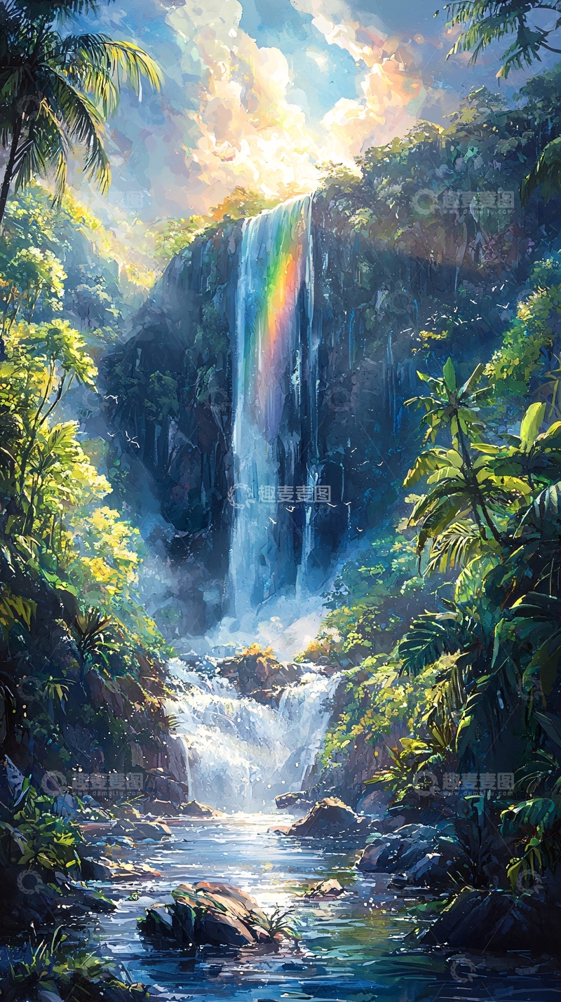 高清大图下载【趣麦麦图】热带雨林瀑布彩虹