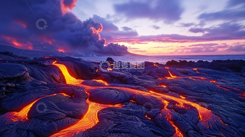 高清大图下载【趣麦麦图】火山熔岩入海日落