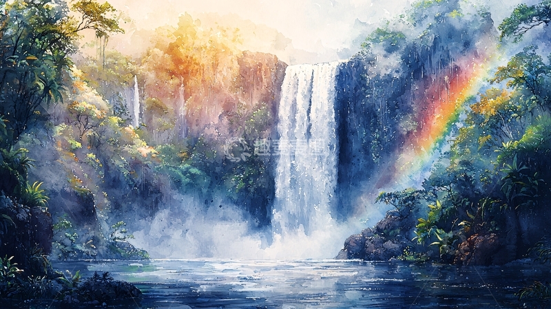 高清大图下载【趣麦麦图】瀑布与彩虹交织的梦幻仙境