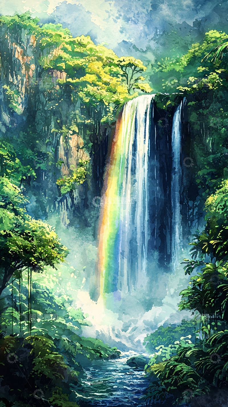 高清大图下载【趣麦麦图】翠绿山林瀑布彩虹