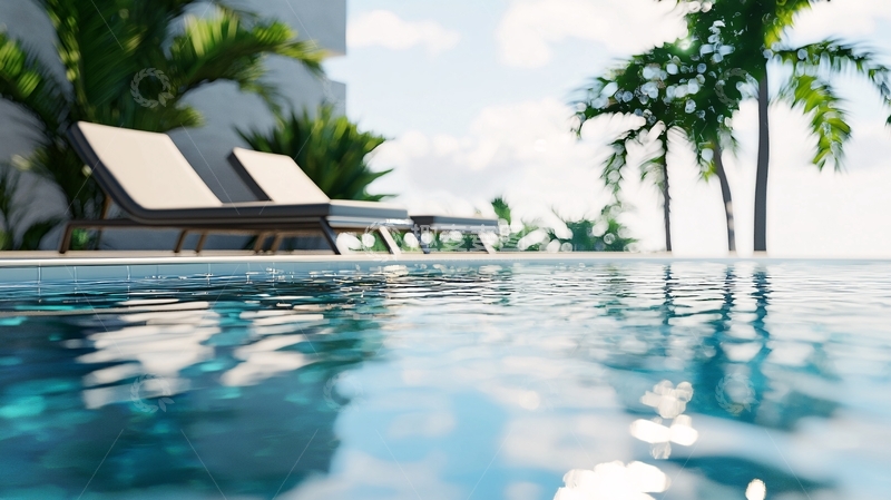 高清大图下载【趣麦麦图】泳池边棕榈树下的休闲躺椅