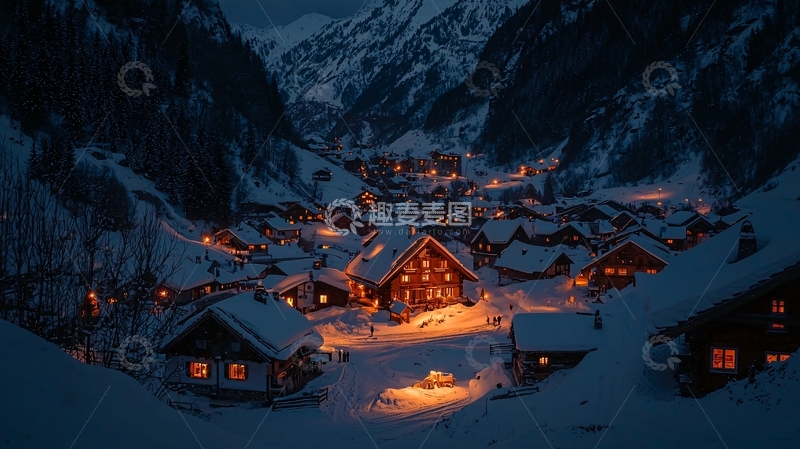 高清大图下载【趣麦麦图】雪山峡谷夜晚村庄