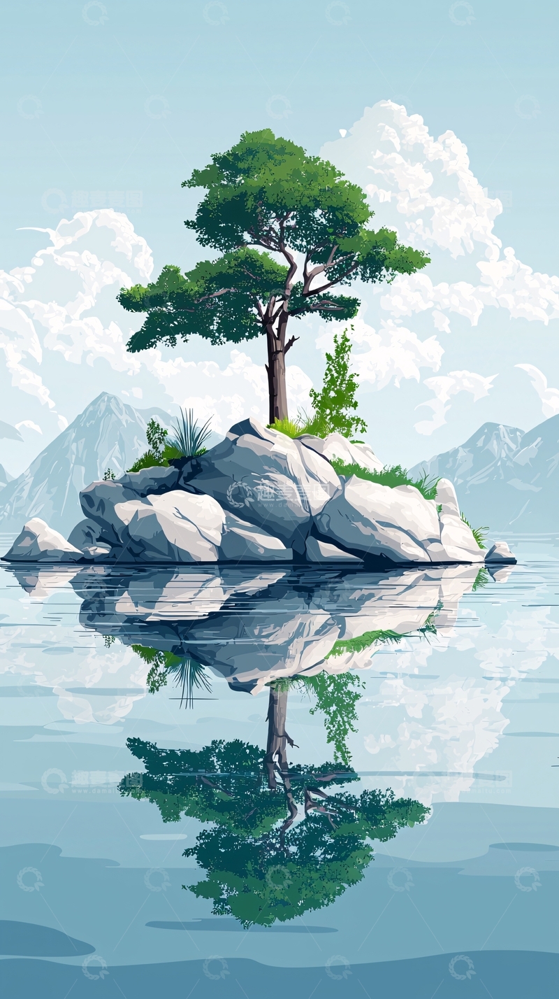 高清大图下载【趣麦麦图】孤岛上的一棵树的倒影