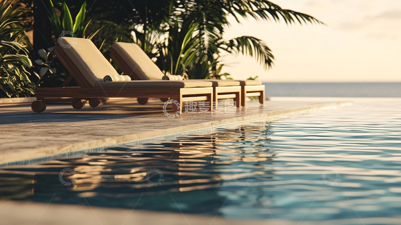 高清大图下载【趣麦麦图】海边泳池躺椅夕阳景色