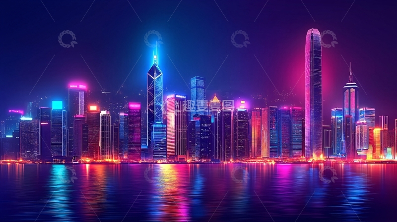 高清大图下载【趣麦麦图】霓虹灯夜景城市天际线