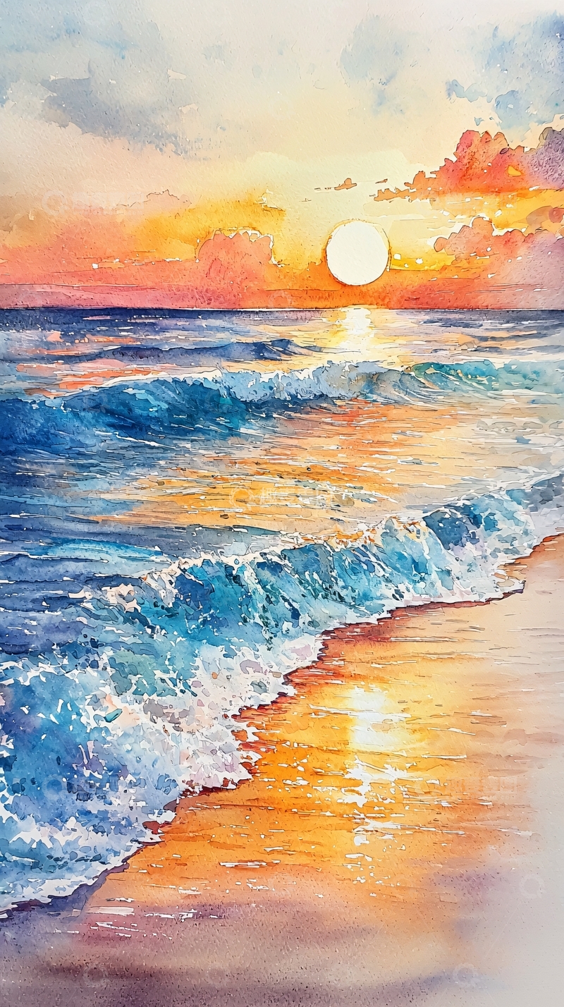 高清大图下载【趣麦麦图】水彩日落海滩风景画