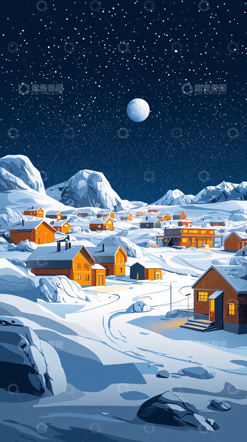 高清大图下载【趣麦麦图】极夜下的雪山村庄