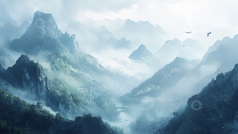 高清大图下载【趣麦麦图】云雾缭绕的山峦