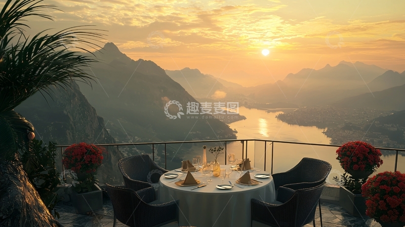 高清大图下载【趣麦麦图】山顶餐厅日落美景