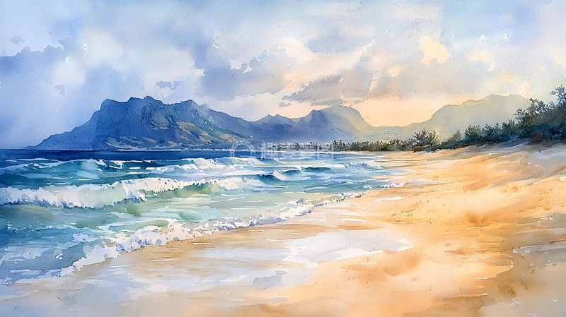 高清大图下载【趣麦麦图】水彩海滩风景5