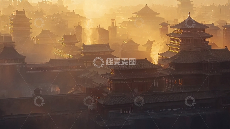 高清大图下载【趣麦麦图】晨雾笼罩下的古老城池