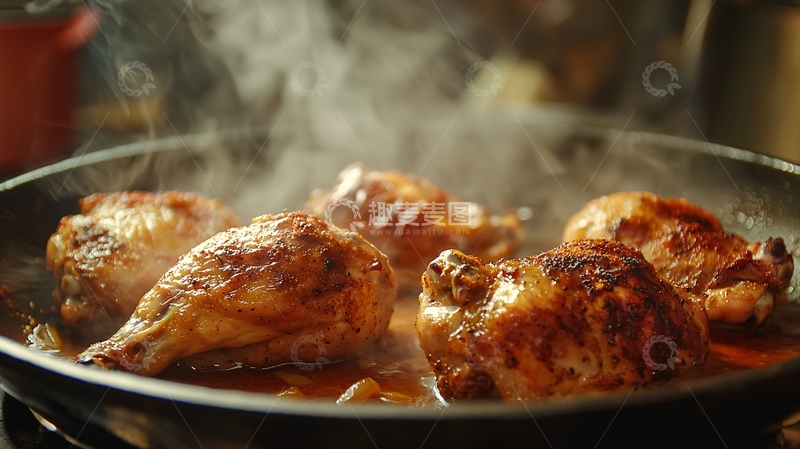 高清大图下载【趣麦麦图】煎锅里冒烟的鸡腿肉